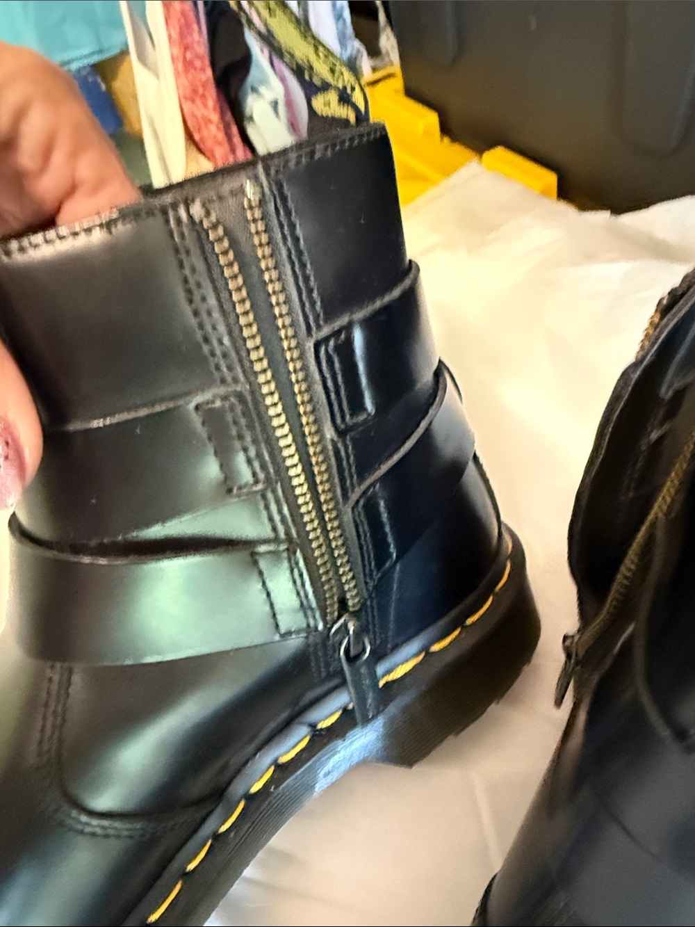 Dr -MartinsBlack Leather Buckle Ankle Boots with Yellow Stitching - Women Shoes - Picture 4 of 11